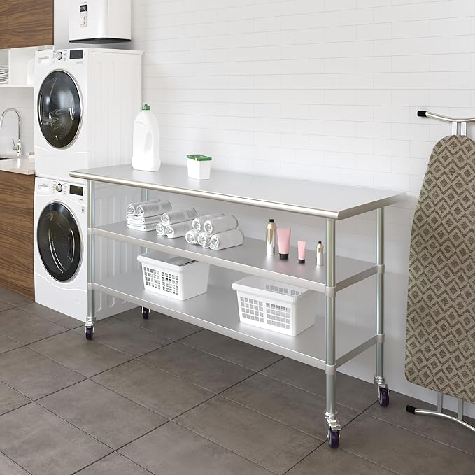 AmGood Stainless Steel Work Table with 2 Shelves and Casters | Metal Utility Table On Wheels (Stainless Steel Work Table with 2 Shelves + Casters, 72" Long x 24" Deep)