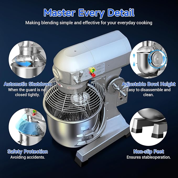 30Qt Commercial Food Mixer with Timing Function,1250W Commercial mixer 3-Speed Adjustable Heavy Duty, Electric Stand Food Mixer with Stainless Steel Bowl for Bakery Pizzeria. (Standard)