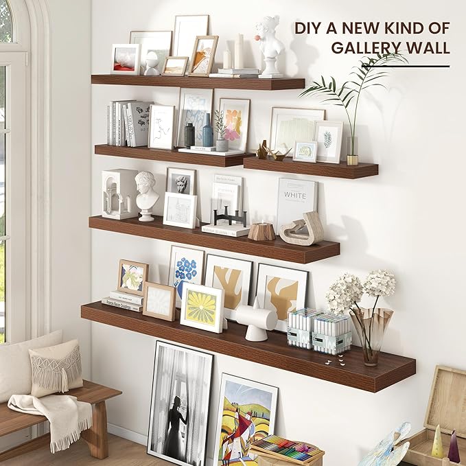 Floating Shelves for Wall 55"W x 10"D x 1.5"H, Long Engineered Wood Wall Shelves with Invisible Brackets for Living Room Bedroom Bathroom Office Kitchen Decor and Storage, Walnut Finish, Set of 1