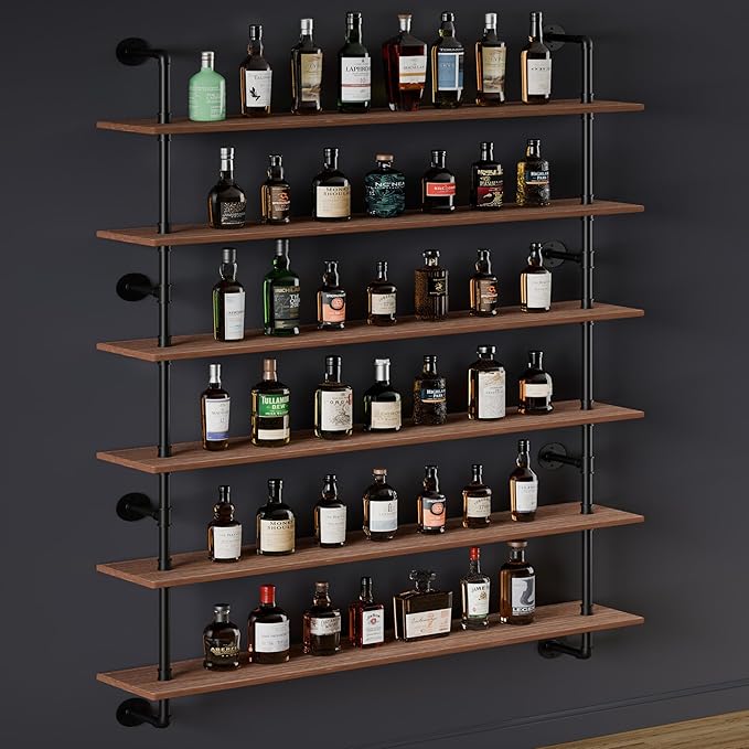 48 InchPipe Bookshelf Floating Shelves for Wall Shelves Bookshelf Industrial Pipe Shelving Shelves Real Wood Planks Rustic Hanging Shelves Farmhouse Kitchen Bar Shelving