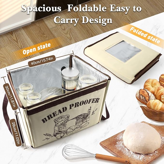 Folding Bread Proofing Box with Temp Probe & 48H Timer, 45W Dough Proofer with 3-Side Heating, 50–113℉ Precise Temp Control, Metal Rack & Tray, Foldable Insulated Box for Sourdough, Pizza, Yogurt