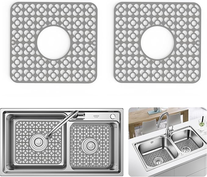 WAFT YEARN 2PCS Sink Mats Sink Protectors Dish Racks Dishwasher Safe Grid Mats for Kitchen Sink Silicone Protect Sink from Stains Damage Scratches Non Slip Heat Resistant Rust Resistant 11"X12" Grey