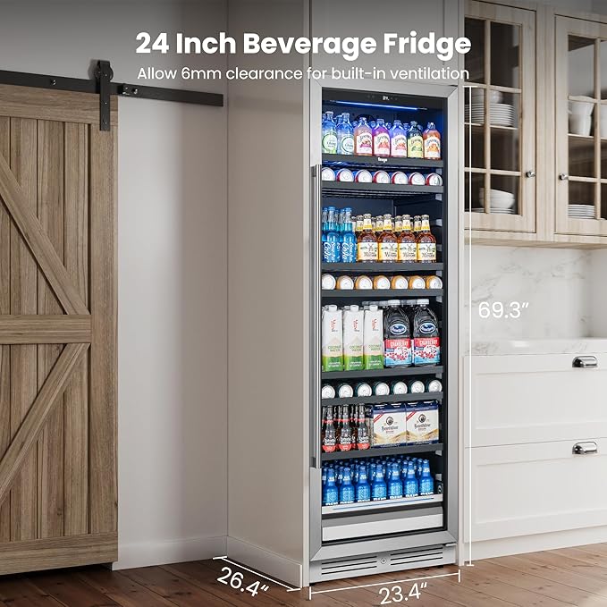 Beverage Refrigerator 24 inch -378 Cans Capacity Beverage Cooler, Upgraded Beverage Refrigerator Freestanding or Built-In, Drink Cooler for Soda, Water, Beer or Wine - For Kitchen, Bar or Office