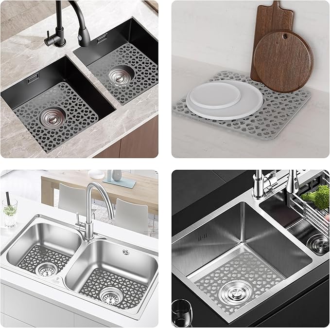 WAFT YEARN 2PCS Sink Mats Sink Protectors Dish Racks Dishwasher Safe Grid Mats for Kitchen Sink Silicone Protect Sink from Stains Damage Scratches Non Slip Heat Resistant Rust Resistant 11"X12" Grey
