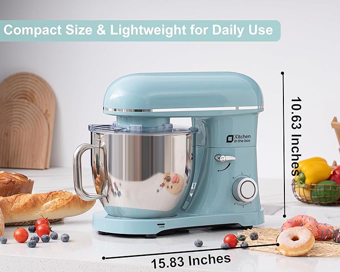 Kitchen in the box Stand Mixer - 8.5 Quart Mixing Bowl with Handle, 900 Watt Heavy Bread Dough Standing Mixers Tilt-head with Dough Hook, Whisk, Flat Beater and Splash Guard (Blue)