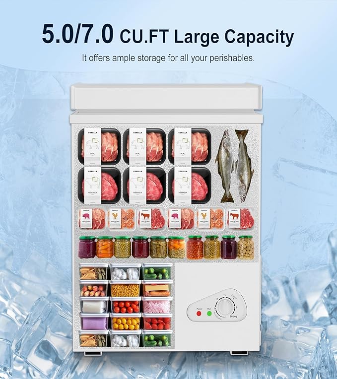 TABU 5.0 Cubic Feet Chest Freezer, Compact Freestanding Deep Freezer with 7 Level Adjustable Thermostat & Removable Basket,Top Opening, Low Noise(White, 5.0 Cu.Ft.)