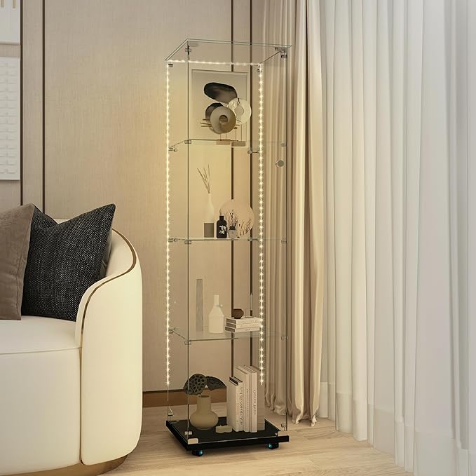 Glass Display Cabinet with LED Light Strip, 4 Shelves with 1 Door, Glass Top Curio Storage Cabinets with Lock & Caster for Living Room, Floor Standing Bookshelf, Quick Installation - Black