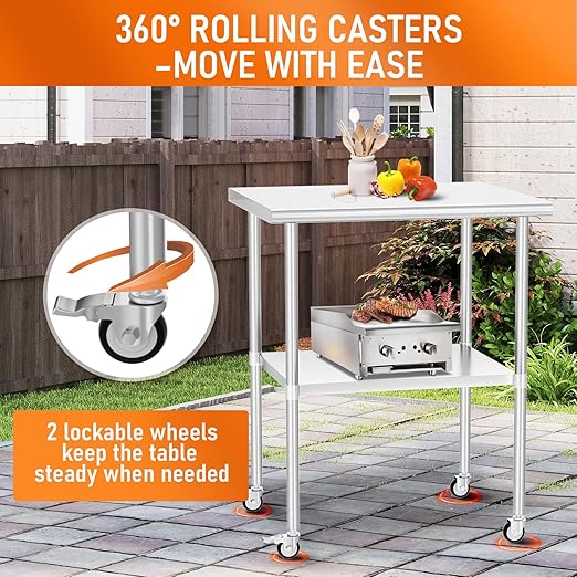 Stainless Steel Table with Wheels 24" x 30" Utility Worktable with Adjustable Undershelf for Commercial Kitchen, Garage, Restaurant