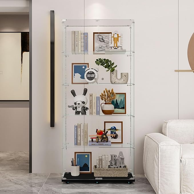 Yoluckea 5 Tiers Glass Display Cabinet with Bluetooth LED Light Strip, 2 Doors Floor Standing Curio Cabinet with Universal Wheel for Home Office Display,Black Glass Bookshelf for Collections,Clear Top