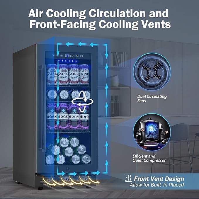 Beverage Refrigerator Cooler, 15 Inch 130 Cans Under Counter Refrigerator Beer Fridge with Glass Door, Adjustable Shelves and LED Light, Bulit-in Soda Fridge for Bedroom Office Bar