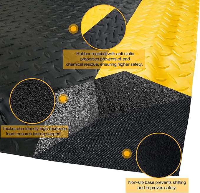 3 FT x 5 FT Anti Fatigue Mat, 15/16 Inch Thick Soft Sponge Ergonomic Mat, Non-Slip Industrial Grade Floor Mat, Easy to Clean, for Kitchen, Garage, Work, Shop, Black with Yellow Border