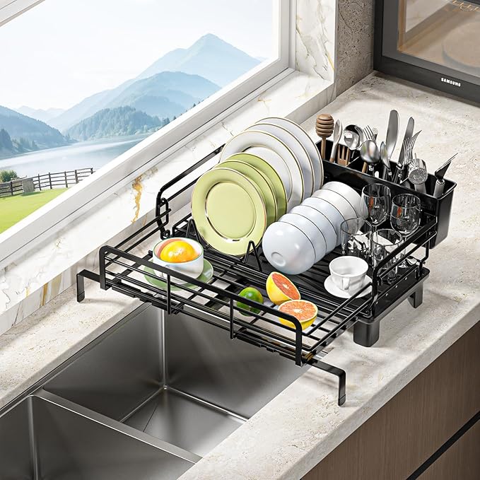 MIKEE Small Dish Drying Rack for Kitchen Counter, Expandable Rustproof Dish Drainer - Over The Sink Dish Drying Rack with 360° Rotating Drain, Kitchen Utensil Holder, Home and Kitchen Organization