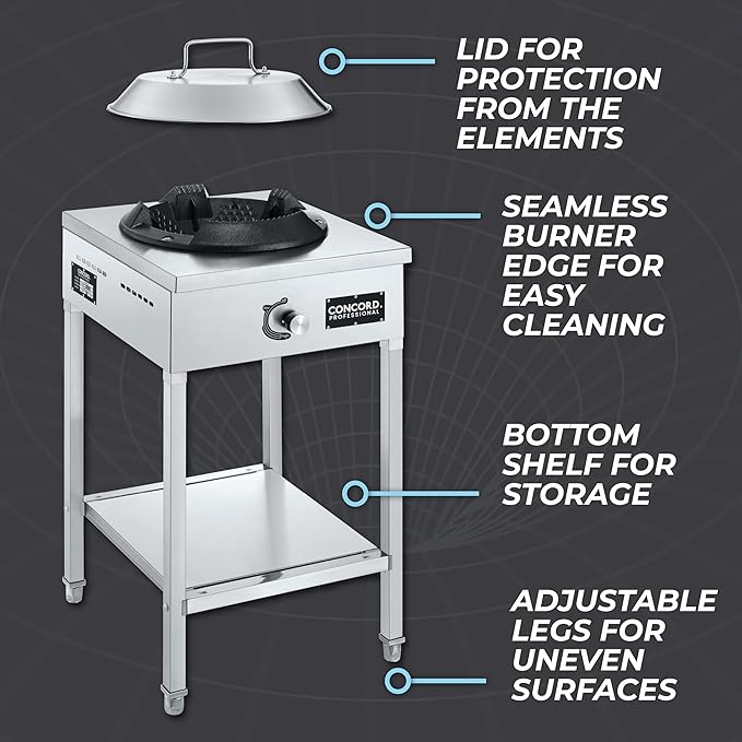 Concord Professional Vortex Burner Stainless Steel Commercial Wok Range Single Burner Outdoor Propane Stove. Great for Stir Fry, Outdoor Kitchen, Asian Cuisine
