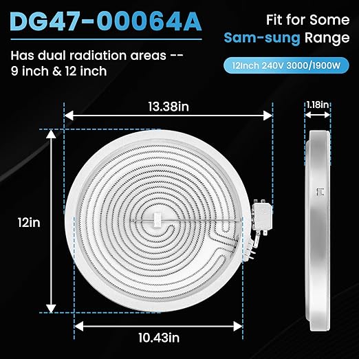12In DG47-00064A DG47-00056A Electric Range Dual Radiant Surface Element Fit for Sam-Sung NE58, NE59, NE63 Series Electric Stove, Replaces AP5986691 EAP11729066 PS11729066 by Fetechmate