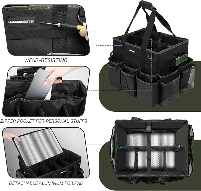 Large Rolling Cleaning Caddy Bag, Cleaning Caddy with Wheels with Detachable Trolley for Housekeepers, Water Resistant Cleaner Supplies Organizer with Wheels for Kitchen, Car, Picnic(Black-Green)