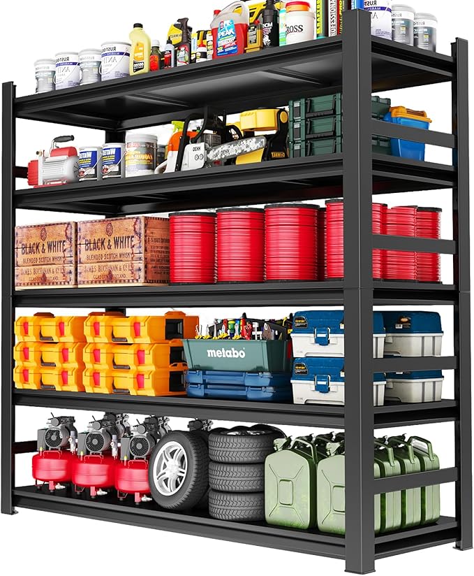 Garage Shelving Unit, 48"W x 24"D x 88"H, 5-Tier Heavy Duty, Steel Adjustable Shelf, 3800LBS, Garage & Basement Storage, Industrial-Grade Metal Shelves for Warehouses, Workshops, Black