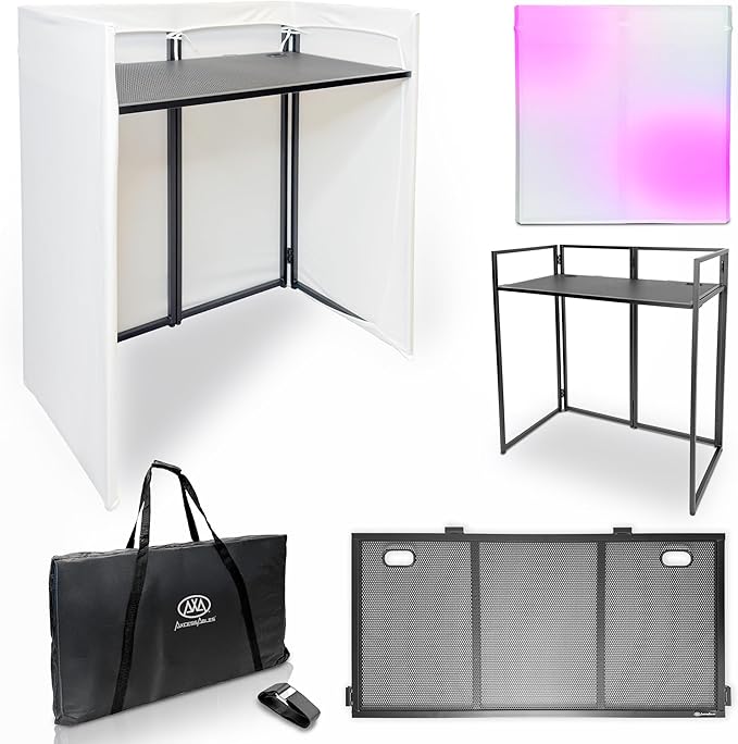 AxcessAbles Portable White DJ Facade Booth with Carry Case – 40" x 20" Tabletop, Steel Frame, and White Scrim | White DJ Table | Event Booth (ES-01X)