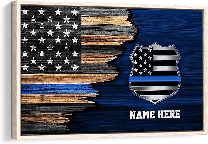 Custom Police Blue Line American Flag Back The Blue Personalized Name Poster & Framed Canvas, Wall Art Home Office Decoration Living Room Bedroom Aesthetic Decor