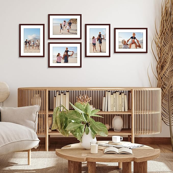 Americanflat 11x15 Picture Frame with Polished Plexiglass - Set of 5 - Use as 8x12 Frame with Mat or Display 11x15 Photo Without Mat - Galleria Collection - Picture Frames for Wall Display - Mahogany