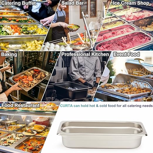 CURTA 6 Pack Anti-Jam Hotel Pans, 1/3 Size 2 1/2 Inch Deep, NSF Commercial 18/8 Stainless Steel Chafing Steam Table Pan, Catering Storage Metal Food Pan