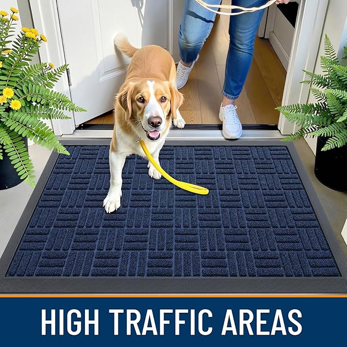OLANLY Front Door Mat Outside Entrance 47x23, Absorbent, Heavy Duty Sturdy Natural Rubber Doormat Indoor Outdoor, Non-Slip, Stain and Fade Resistant, Low Profile Floor Mat for Entryway, Navy Blue