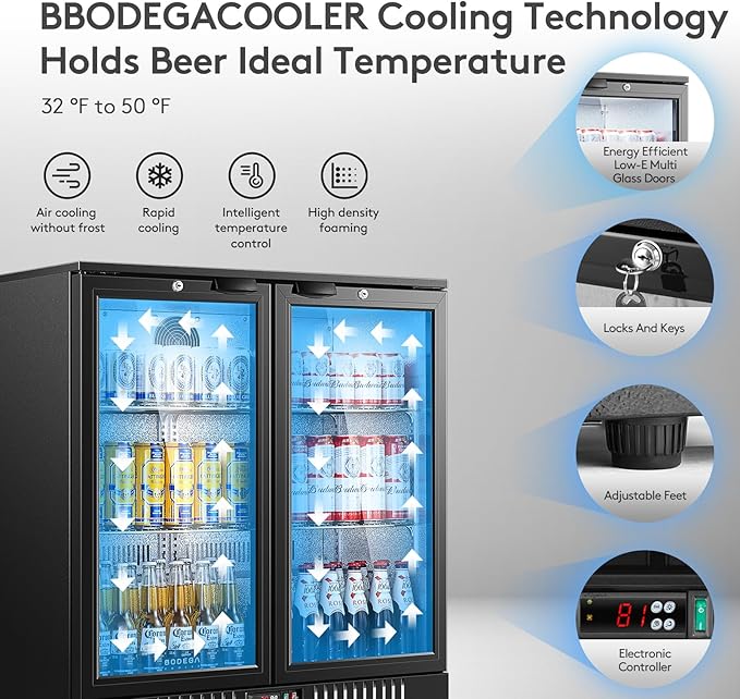 BODEGA BODEGACOOLER Commercial Bar Refrigerator with 2 Glass Door,7.4 Cu.Ft Beverage Refrigerator Cooler,Large Display Bar Cooler Fridge,Adjustable Shelves,Hold Beer,Soda Drinks,Wine