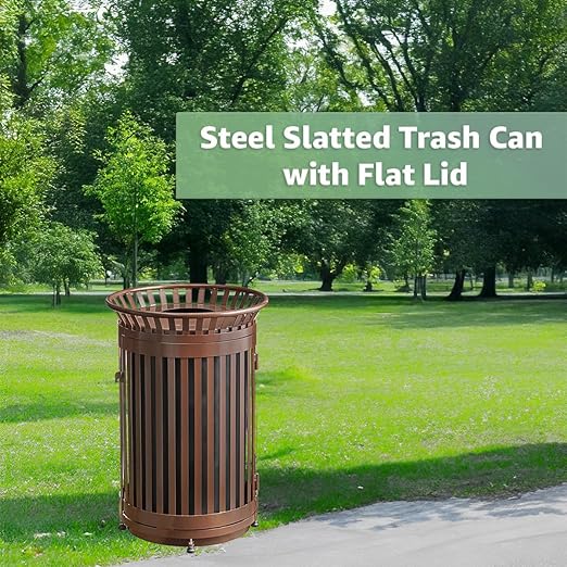45 Gallon Commercial Brown Waste Bin with Flat Lid & Door, Heavy-Duty Outdoor Trash Can Steel Slatted, Round Recycle Container, Durable Garbage Can for Parks, Municipalities, Schools, Parking
