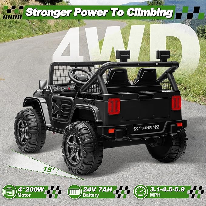 24V Ride on Car with Remote Control, XL 2 Seater 4WD/2WD Switchable Truck w/4X200W Motor, 20 Inch Wide Seat, Gift Flower Power Car Wheels 24 Volt Big Truck for Boys Girls, Black