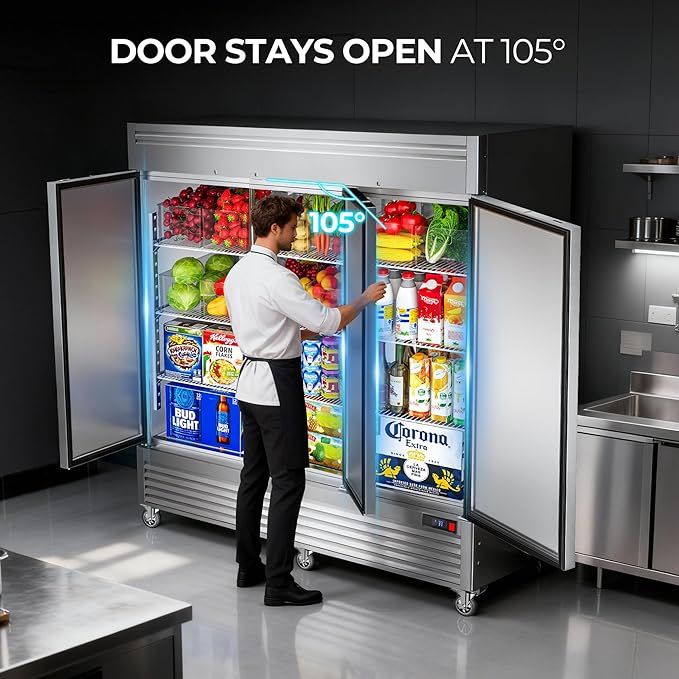 Coolake 82" Width Commercial Refrigerator 3 Solid Doors, 72 Cu.ft Stainless Steel Reach-in Upright Fridge with LED Lighting, Fan Cooling Refrigerator for Restaurant Cafe Hotel Kitchen Prep Area