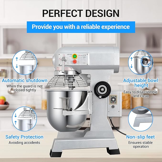 10Qt 500W Commercial Food Mixer, Commercial mixer 3-Speed Adjustable Heavy Duty Stand Mixer with Stainless Steel Bowl for Bakery Pizzeria.