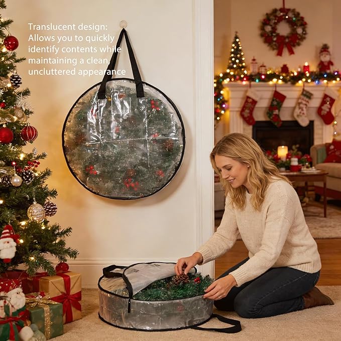 4 Pack Clear Christmas Wreath Storage Bags 24 Inch - Waterproof Wreath Container with Dual Zipper and Reinforced Handles for Artificial Wreath, Garland and Holiday Decor Organization