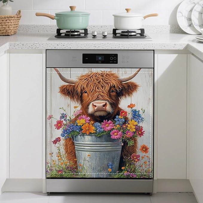 Magnetic Dishwasher Cover,Highland Cow Reusable Dishwasher Magnetic Cover Butterfly Flowers Decorative Door Covers Panel for Home Kitcen 23" x 26"