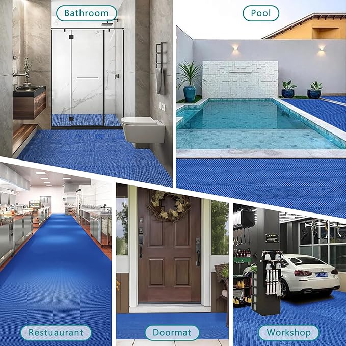 WochiTV Non Slip Drainage Mats PVC Pool Floor Mat 0.23'' Thick Outdoor Indoor Parking Space Mat for Bathroom Garage Basement Backyard Commercial Kitchen 3x10Ft Blue