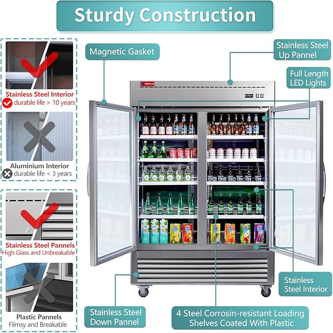 WESTLAKE 54" W Commercial Display Refrigerator 2 Glass Door Merchandiser 2 Section Stainless Steel Reach-in Glass Door Upright Fan Cooling 49 Cu.ft Cooler for Restaurant, Bar, Shop, etc