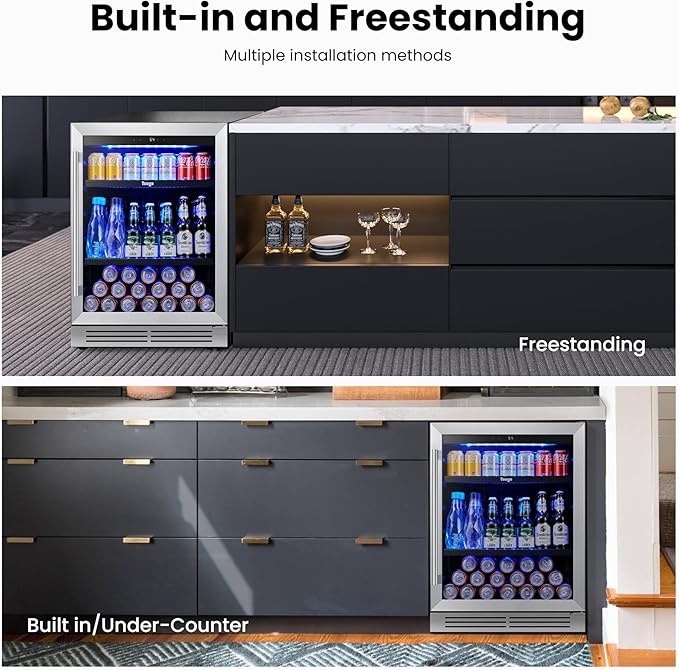 Yeego Beverage Refrigerator & Drink Fridge - 24 inch 180 Cans Beer Cooler Glass Door, 34-54℉ Under Counter Refrigerator Built-in for Drink Soda Wine for Bar Office Bedroom