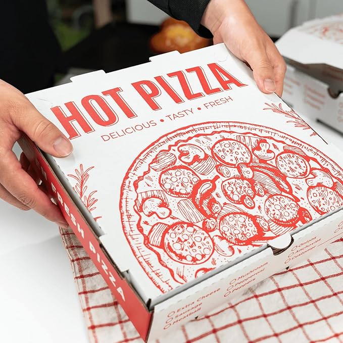 Karat Pizza Boxes 14" x 14" [50 Pack] Classic Red Print Grease-Resistant Corrugated Pizza Box, Ventilated & Convertible to Plate, Perfect for Personal & Pizzas