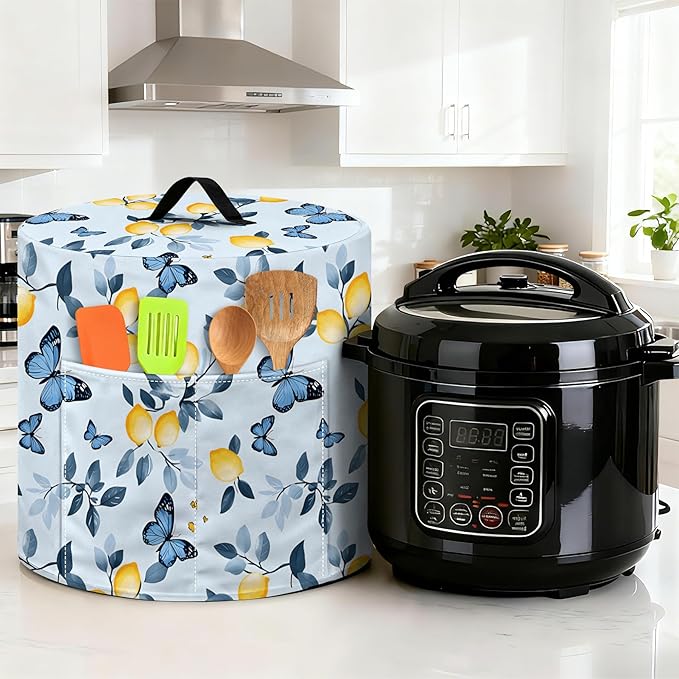 Kitchen Appliance Accessories Dust Cover for 3-6-8 Quart Instant Pot, Pressure Cooker, Air Fryer & Crock Pot,Decorative Appliance Cloth Cover with Top Handle & Storage Pockets (Blue, 3 Quart)