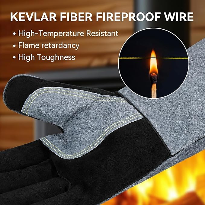 OZERO 932℉ Grill BBQ Gloves 16-inch Heat Resistant Leather Forge Welding Glove with Flame Retardant Long Sleeve and Insulated Lining for Men and Women Black-gray