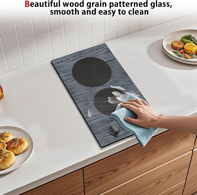 Karinear 2 Burners Electric Cooktop, 110v Electric Stove Top Knob Control, Built-in Countertop Ceramic Cooktop with Beautiful Woodgrain Pattern Glass Surface, 110v Outlet Plug