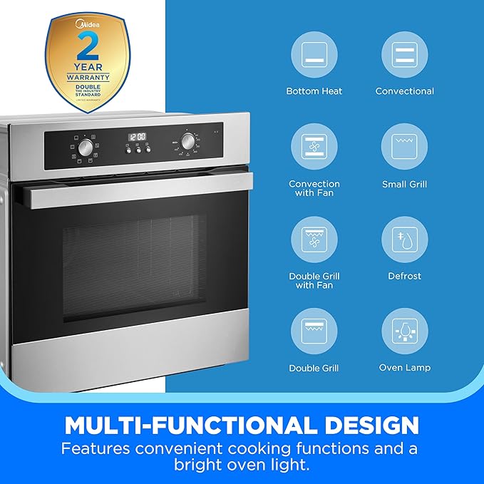 Midea 24" Electronic Single Wall Oven, 2.5 Cu. Ft.-Capacity, Built-in Oven with 8-in-1 Cooking Modes, Stainless Steel