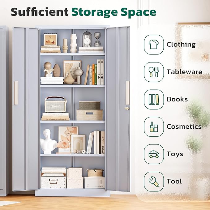 Greenvelly Metal Storage Cabinet, 63" H Locking Metal Storage Cabinet with Doors and 4 Shelves, Lockable Steel Cabinets for Kitchen, Bedroom, Living Room, Office (Dark Grey)
