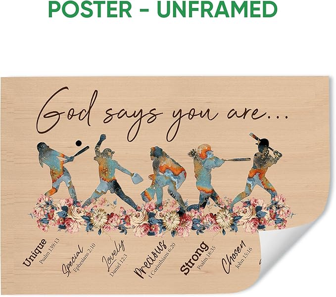 God Says You Are Gifts For Softball Girls Women Fan Vintage Floral Sports Gifts For Girl Poster & Framed Canvas, Wall Art Home Office Decoration Living Room Bedroom Aesthetic Decor