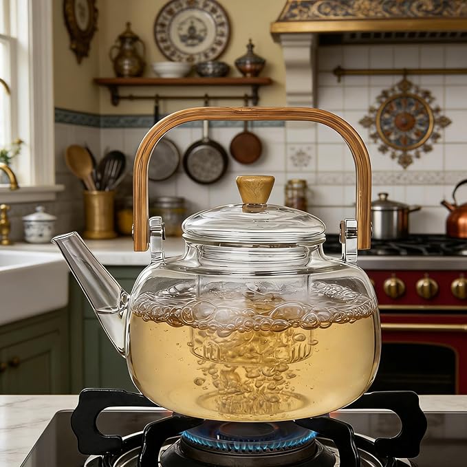 1000ml (33.8oz) Borosilicate Glass Teapot with Wooden Handle, Stovetop Safe Clear Tea Kettle with Removable Glass Infuser for Blooming Tea and Loose Leaf Tea