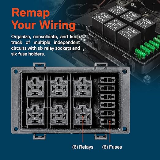 True Mods 12V DC Auto Waterproof Fuse 5-Pin Relay Box Block [6 ATC/ATO Fusible Holder] 6 Bosch Style Universal Relay Block Holder for Automotive Vehicles Cars Marine Boat Offroad Jeep Light Equipment