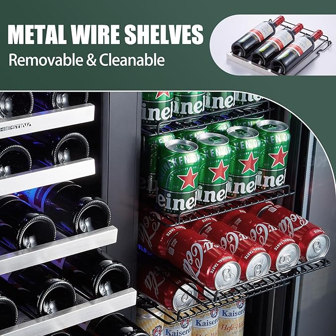 Phiestina Wine and Beverage Refrigerator, 30 inch Dual Zone Wine Fridge with Glass Door 33 Bottles & 100Cans, Built-in or Freestanding Beer Drink Wine Cooler with Blue LED Light