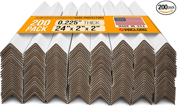 24" x 2" x 2" Reinforced Cardboard Edge Protectors, White (Pack of 200) – 0.225" Thick Extra Heavy-Duty Cardboard Corner Protectors – American Quality V-Board Pallet Edge Guard