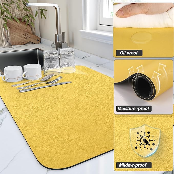 Dish Drying Mat for Kitchen Counter, Heat Resistant Drainer Mats with Non-slip Rubber Backed, Hide Stain Kitchen Super Absorbent Draining Mat, Easy to Clean Dish Rack Pad, Yellow 18"x32"