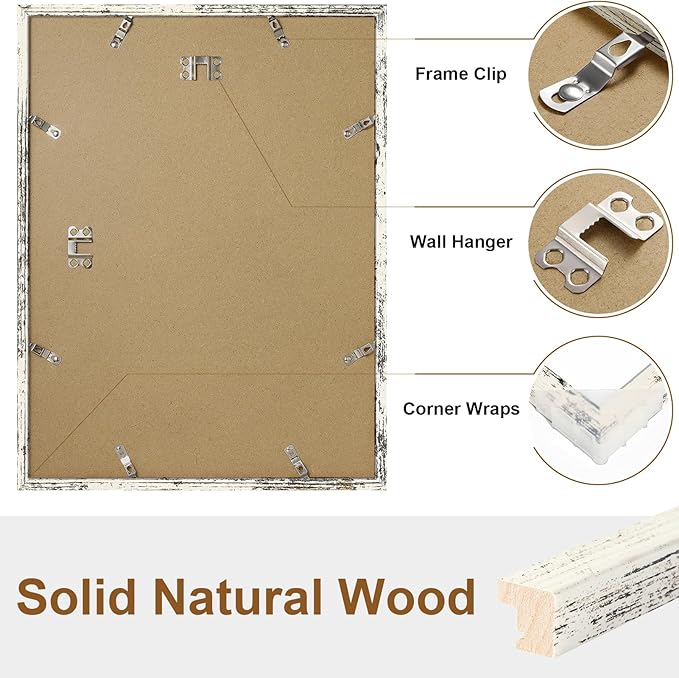 Vittanly 12x16 Picture Frame Set of 2, Solid Wood Frame for Wall Art Photo and Prints, Display Photo 8.5x11 with Mat or 12x16 without Mat, Distressed White