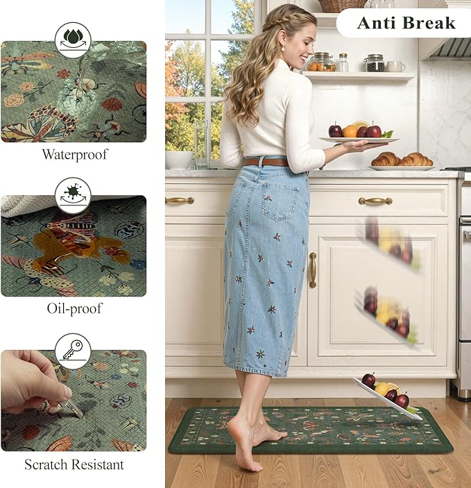 LEEVAN Anti Fatigue Mats for Kitchen Floor Non-Slip, Cushioned Kitchen Mats for Floor 17.3''x29''+17.3''x59'', Green Memory Foam Kitchen Mat Set