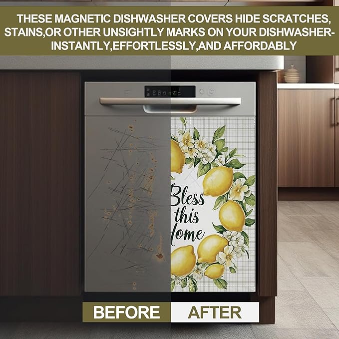Lemons Magnetic Dishwasher Cover,Floral Dishwasher Covers for The Front Magnetic Dishwasher Panel Decal Cover for Kitchen 23x26inch